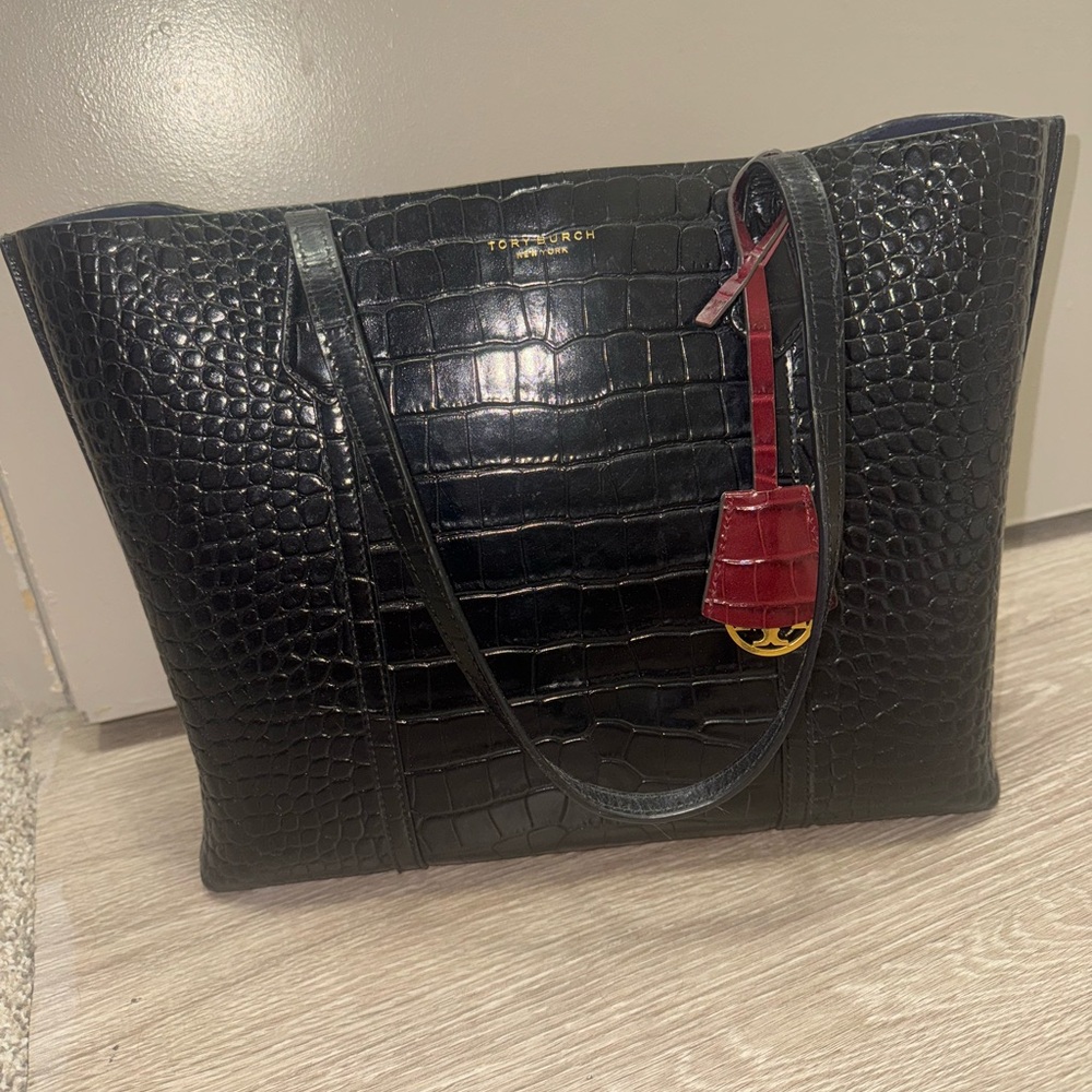 Tory Burch Black Croc-Embossed Tote with Red Charm